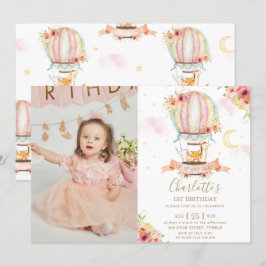 Hete Luchtballon 1e Verjaardag Oerwoud Dieren Foto Kaart