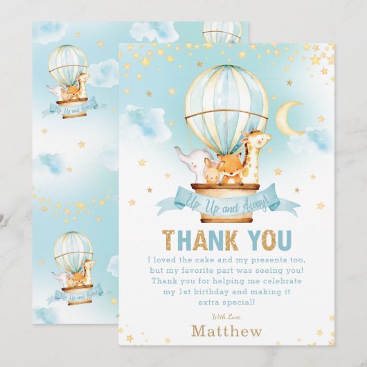 Hete Luchtballon 1e Verjaardag Oerwoud Dieren Jong Bedankkaart (Voorkant / Achterkant)