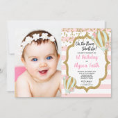 Hete luchtballon 1e verjaardag roze gouden foto kaart (Voorkant)