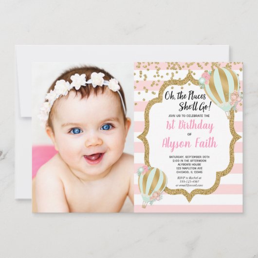 Hete luchtballon 1e verjaardag roze gouden foto kaart (Voorkant)