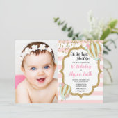 Hete luchtballon 1e verjaardag roze gouden foto kaart (Staand voorkant)