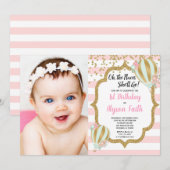 Hete luchtballon 1e verjaardag roze gouden foto kaart (Voorkant / Achterkant)