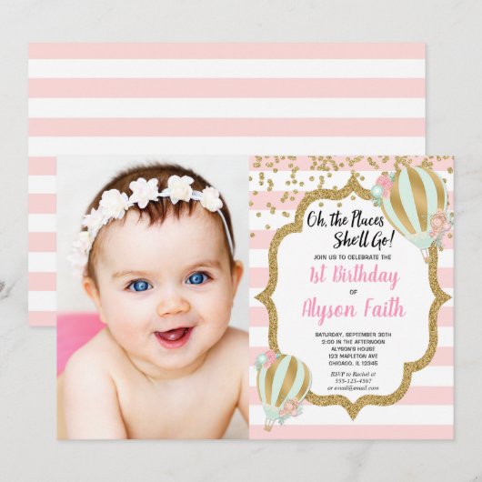 Hete luchtballon 1e verjaardag roze gouden foto kaart (Voorkant / Achterkant)