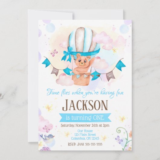 Hete Luchtballon 1e Verjaardag Uitnodiging (Voorkant)