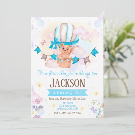 Hete Luchtballon 1e Verjaardag Uitnodiging (Staand voorkant)