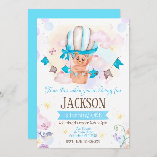 Hete Luchtballon 1e Verjaardag Uitnodiging (Voorkant / Achterkant)