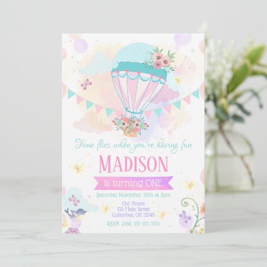 Hete Luchtballon 1e Verjaardag Uitnodiging (Staand voorkant)