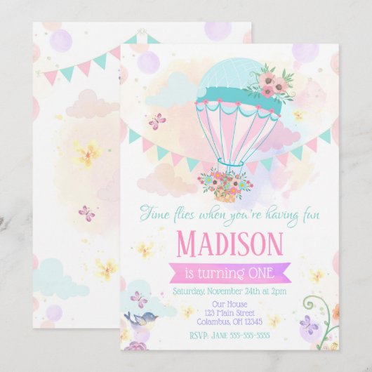 Hete Luchtballon 1e Verjaardag Uitnodiging (Voorkant / Achterkant)