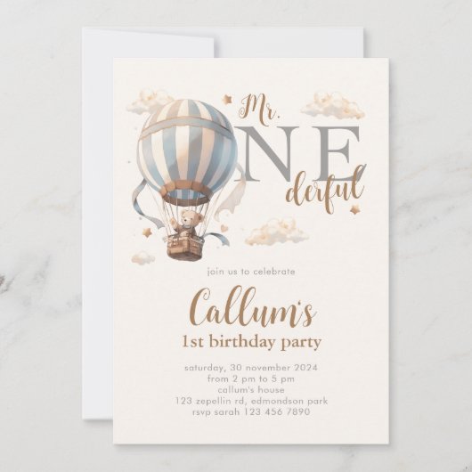 Hete Luchtballon 1e Verjaardag Uitnodiging (Voorkant)