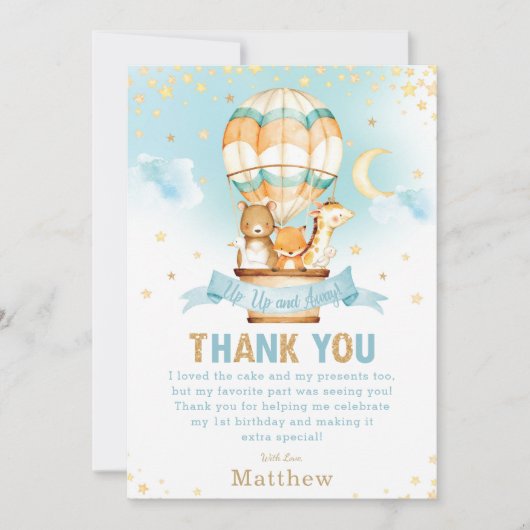 Hete Luchtballon 1e Verjaardag Woodland Dieren Jon Bedankkaart (Voorkant)