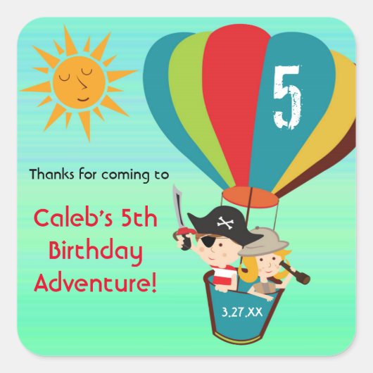  Hete Luchtballon Avontuur Verjaardagsfeest Vierkante Sticker (Voorkant)