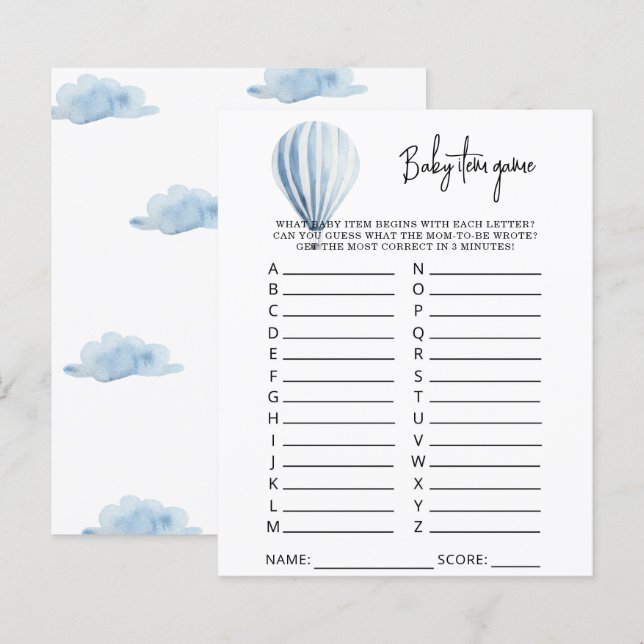 Hete luchtballon Baby Item Spel. Baby shower spel (Voorkant / Achterkant)