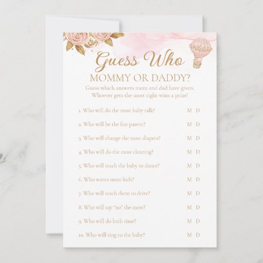 Hete Luchtballon Baby shower Raad wie Activiteit Kaart (Voorkant)