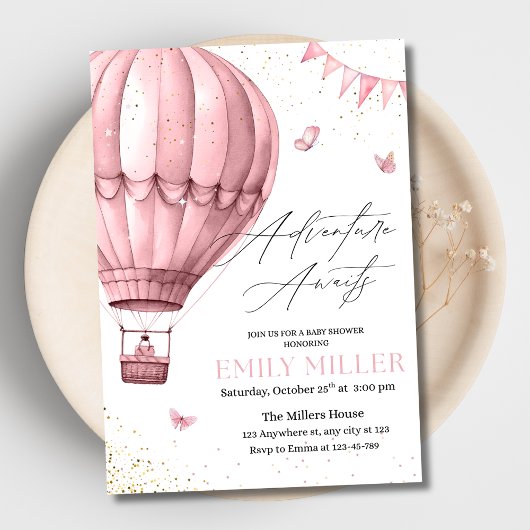Hete Luchtballon Baby shower Uitnodigen, Roze Meis Kaart
