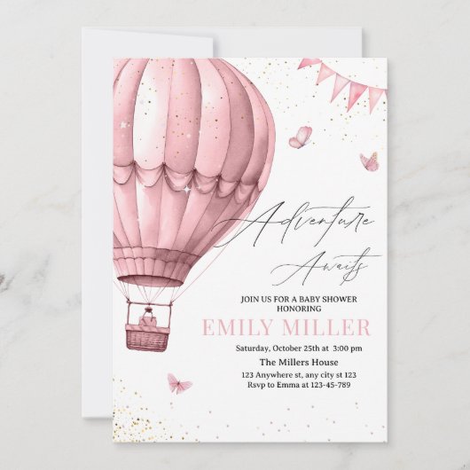 Hete Luchtballon Baby shower Uitnodigen, Roze Meis Kaart (Voorkant)
