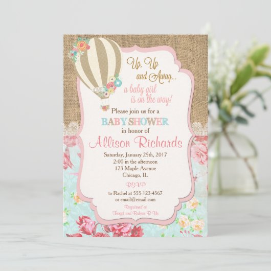 Hete luchtballon baby shower uitnodiging burlap ka (Staand voorkant)