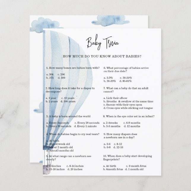 Hete luchtballon Baby Trivia | Baby showers wild (Voorkant / Achterkant)