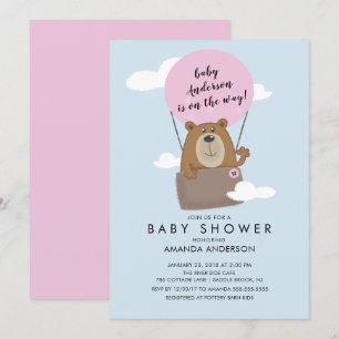 Hete Luchtballon Beer Meisjes Baby shower Uitnodig Kaart