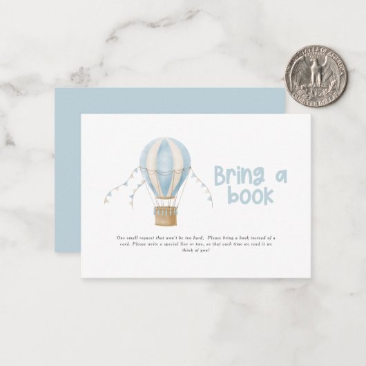 Hete luchtballon blauw baby shower brengen een boe notitiekaartje (Voorkant / Achterkant in situ)