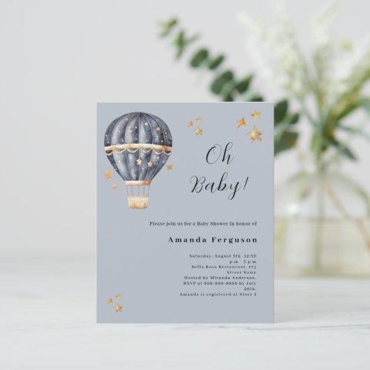 Hete luchtballon blauw jongen Baby shower uitnodig (Staand voorkant)