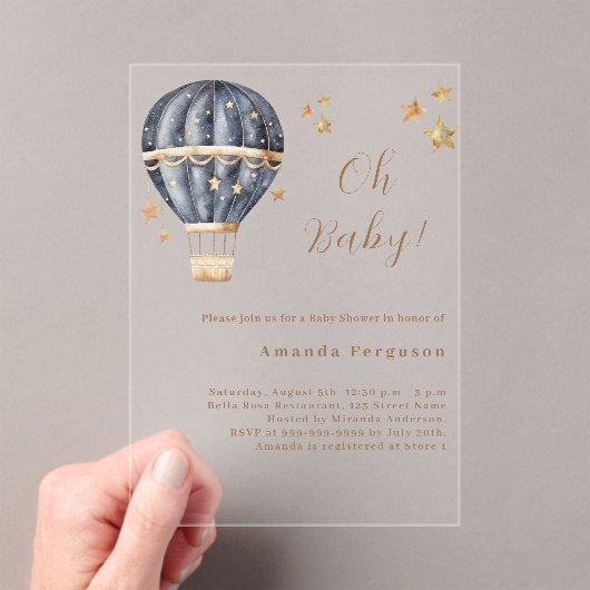 Hete luchtballon blauw jongetje sterren Baby showe Acryl Uitnodigingen (Insitu (Draagbaar))