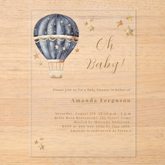 Hete luchtballon blauw jongetje sterren Baby showe Acryl Uitnodigingen (Voorkant)