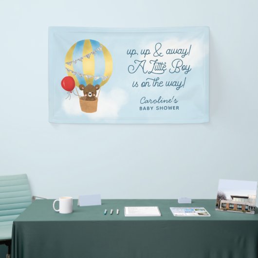 Hete Luchtballon Blauw omhoog en weg Baby shower Spandoek (Beurs)