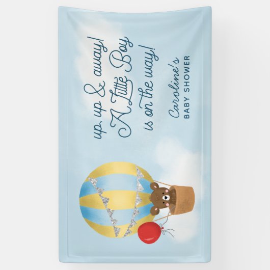 Hete Luchtballon Blauw omhoog en weg Baby shower Spandoek (Verticaal)