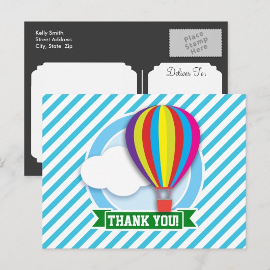 Hete Luchtballon; Blauwe & Witte Strepen Briefkaart (Voorkant / Achterkant)