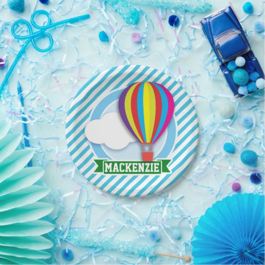 Hete Luchtballon; Blauwe & Witte Strepen Papieren Bordje (Feest)