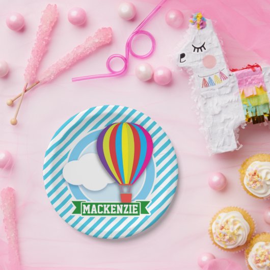 Hete Luchtballon; Blauwe & Witte Strepen Papieren Bordje (Feest)