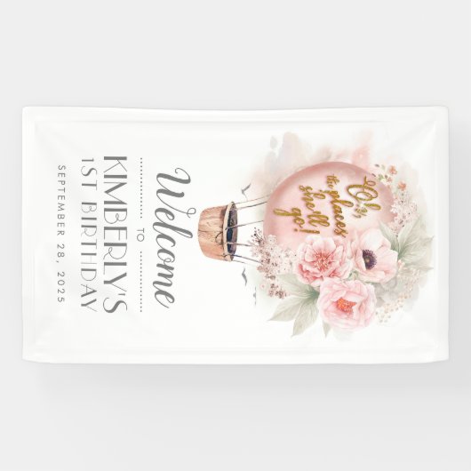 Hete Luchtballon Bloemen Verjaardagsfeestje Welkom Spandoek (Horizontaal)