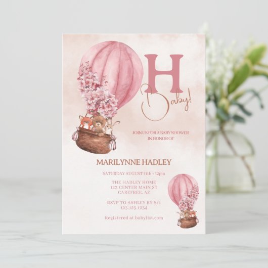 Hete Luchtballon Boho Roze Baby shower Kaart (Staand voorkant)