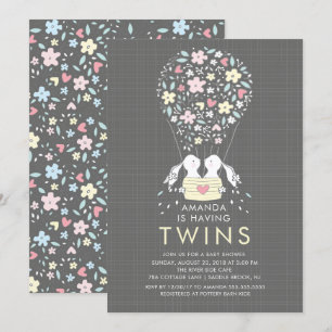 Hete Luchtballon Bunny TWINS Baby shower Invitatio Kaart