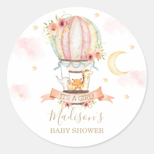 Hete Luchtballon Dier Baby shower Dank u Favor Ronde Sticker (Voorkant)