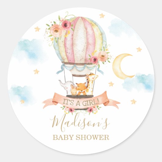 Hete Luchtballon Dier Baby shower Dank u Favor Ronde Sticker (Voorkant)