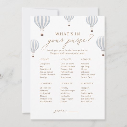 Hete Luchtballon Douche Wat zit er in je tas spel Kaart (Voorkant)