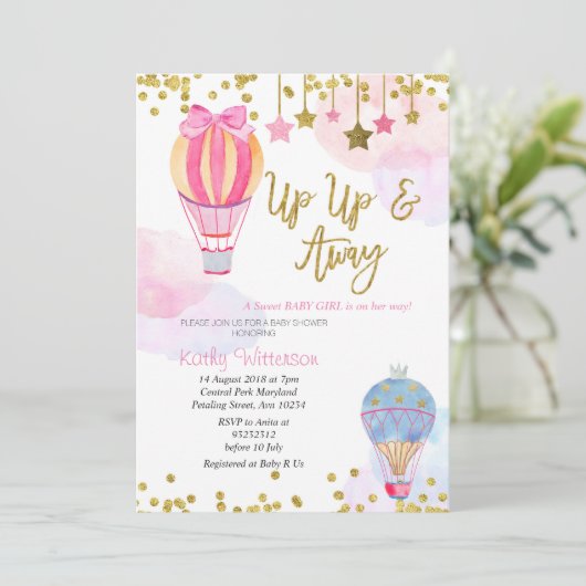 Hete Luchtballon Glitter Star Girl Baby shower Kaart (Staand voorkant)