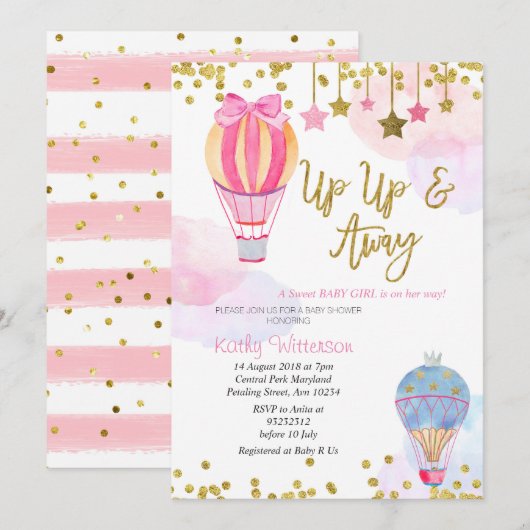 Hete Luchtballon Glitter Star Girl Baby shower Kaart (Voorkant / Achterkant)