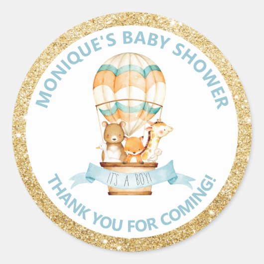 Hete Luchtballon Leuke Dieren Baby shower Dank u Ronde Sticker (Voorkant)