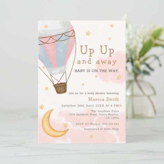 Hete Luchtballon Maan Sterren Meisje Baby shower Kaart (Staand voorkant)