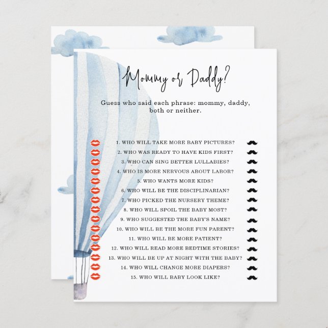 Hete luchtballon - mama of papa baby shower spel (Voorkant / Achterkant)