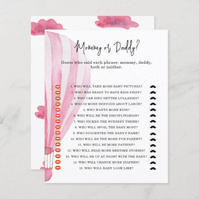 Hete luchtballon - mama of papa baby shower spel (Voorkant / Achterkant)