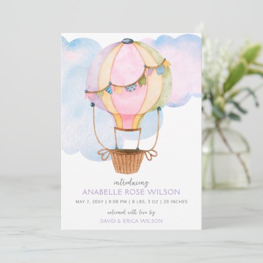 Hete luchtballon meisje foto geboorte aankondiging (Staand voorkant)