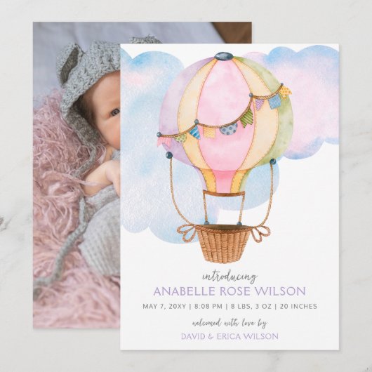 Hete luchtballon meisje foto geboorte aankondiging (Voorkant / Achterkant)