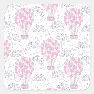 Hete luchtballon met partijballonnen in roze vierkante sticker