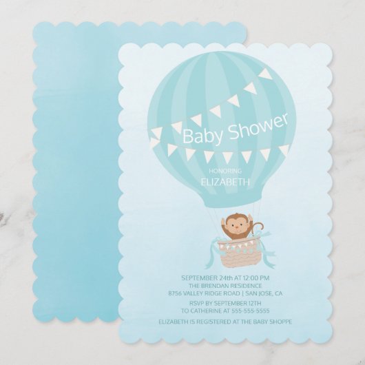 Hete Luchtballon Monkey Boys Baby shower Uitnodigi Kaart (Voorkant / Achterkant)