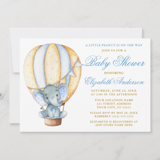Hete Luchtballon Olifant Peanut Baby shower Kaart (Voorkant)