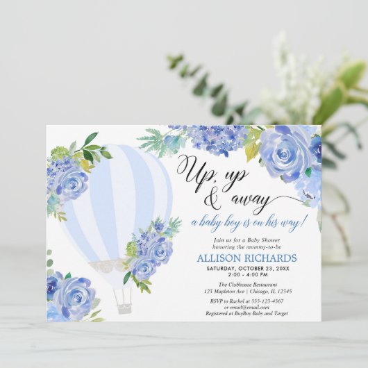 Hete luchtballon omhoog en weg jongen baby shower kaart (Staand voorkant)