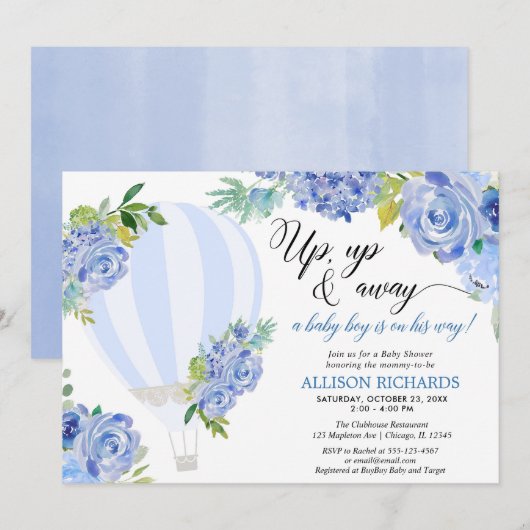 Hete luchtballon omhoog en weg jongen baby shower kaart (Voorkant / Achterkant)